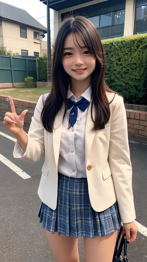 standing in the school yard 、Thin fingers、Japanese high school students、uniform、miniskirt、cute face、 long hairstyle due to things、is smiling、full body image