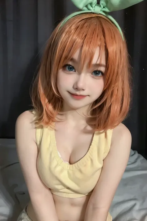 ((masterpiece)), ((best quality)), (ultra-detailed),  on the bed, a cute girl, 1girl, solo,  sports bra,underwear00, ((beautiful eyes)),  beautiful orange hair, smile,
