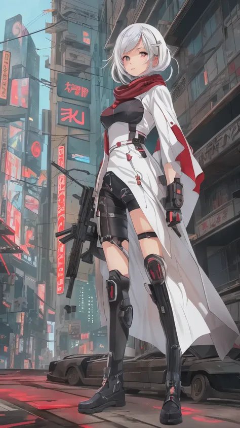  in high definition、長髪のCyborg 009 girl が街にいる, digital  Cyberpunk Anime Art , （Cyborg 009 girl ） white dress with red scarf 。 Mech,  female anime cyberpunk art ,  cute cyborg girl,   digital cyberpunk - anime art  ,  Cyberpunk Anime Art ,   cyberpunk,  anime style 4k with AK5 rifle,  perfect android girl , Cyberpunk beautiful girl, Beautiful girl cyborg。 ruined city。サイバーシティが背景に。