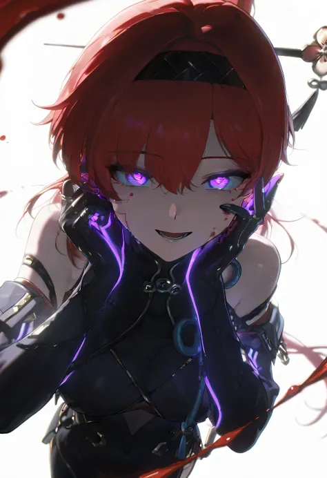 masterpiece,best quality,amazing quality,very aesthetic,absurdres,newest,scenery, 1girl, yinlinx, echoset1 outfit,red hair, (purple eyes:1.1), circle facial mark, hairband, 
,teeth,open mouth,blood on face,smile,crazy eyes, 
hand on own cheek,upper body,fr...