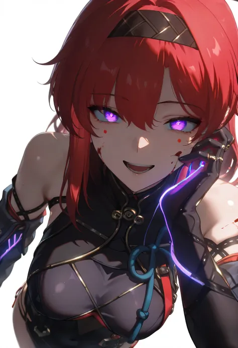 masterpiece,best quality,amazing quality,very aesthetic,absurdres,newest,scenery, 1girl, yinlinx, echoset1 outfit,red hair, (purple eyes:1.1), circle facial mark, hairband, ,teeth,open mouth,blood on face,smile,crazy eyes, hand on own cheek,upper body,from...