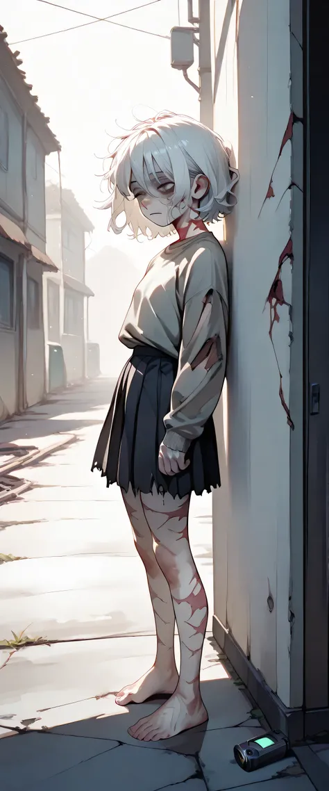 Appearance and personal details: , long white hair to the waist, milky white blind eyes without irises and pupils, gray bags under the eyes due to exhaustion, small stature, very thin body , pale skin. Clothes: grey sweatshirt with torn left sleeves cove...