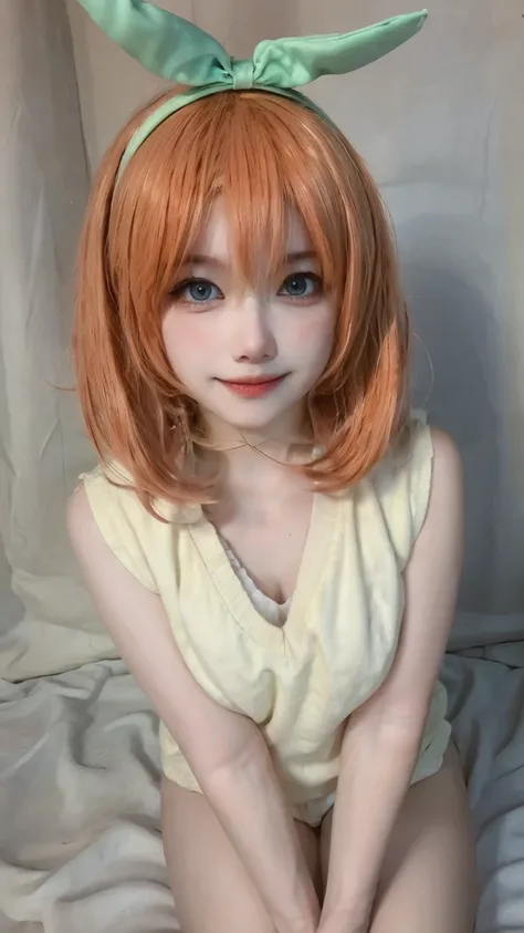 ((masterpiece)), ((best quality)), (ultra-detailed),  on the bed, a cute girl, 1girl, solo,  underwear00, ((beautiful eyes)),  beautiful orange hair, smile,
