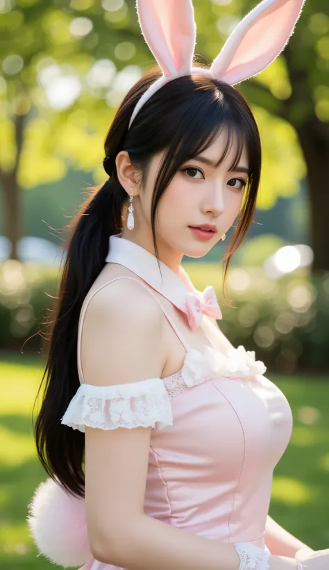 Elegant Asian cosplayer with long black hair tied high, wearing a pastel pink bunny girl outfit, lace gloves, cute bowtie, standing outdoors in sunlight, garden background with soft lighting