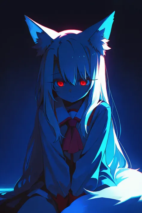 1girl,  animal ear fluff, animal ears, between legs, red eyes, white hair, fox ears, fox girl, fox tail, closed mouth,  hand between legs, long hair, long sleeves, looking at viewersilver hair,  sitting, solo, long hair, tail, very long hair, simple backgr...