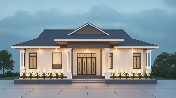 PLATFORM KTHOUSE, 1 morden villa, slope roof, main material of villa about build color wall:1.2 glass panel:1.1 and stone:1.2, 1large yard, 1 road runs in front of the house, (RAW photo, real, best quality, masterpiece:1.2), look morden minimalist, 1 road ...