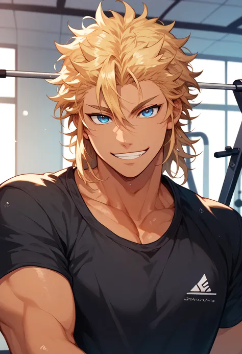 blonde hair, man, blue eyes, tan skin, strong, strong physique, black shirt, focus on character, smiling, cheerful, messy hair, looking at viewer, anime style, athletic, gym, shading, anime style, Kyojuro Rengoku