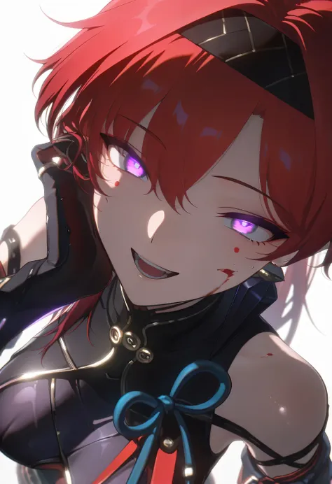masterpiece,best quality,amazing quality,very aesthetic,absurdres,newest,scenery, 1girl, yinlinx, echoset1 outfit,red hair, (purple eyes:1.1), circle facial mark, hairband, ,teeth,open mouth,blood on face,smile,crazy eyes, hand on own cheek,upper body,from...