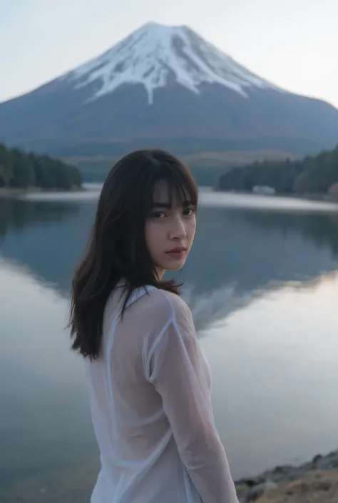 A girl in long sleeve thin shirt , fuji and lake background , dark theme , realistic