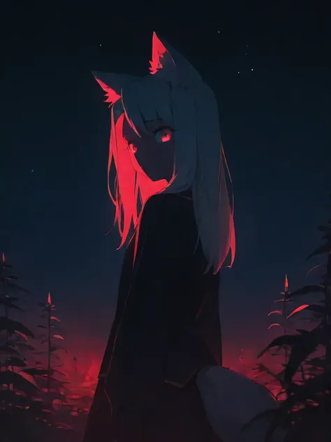 1girl, white hair, burning, dark, fire, from side, glowing, glowing eyes, long hair, looking at viewer, looking back, night, night sky, closed mouth, outdoors, plant, red eyes, red theme, sky, solo, star \(sky\), starry sky, lelst0_illu, bloom, high contra...