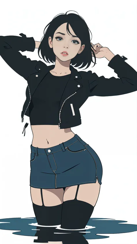 vulnerable girl, simple vector illustration , Exquisite lines, duration, denim skirt , black top, nylon stockings with garters , leather jacket , drowning in a small swamp , artistic composition , lips, white background, de...