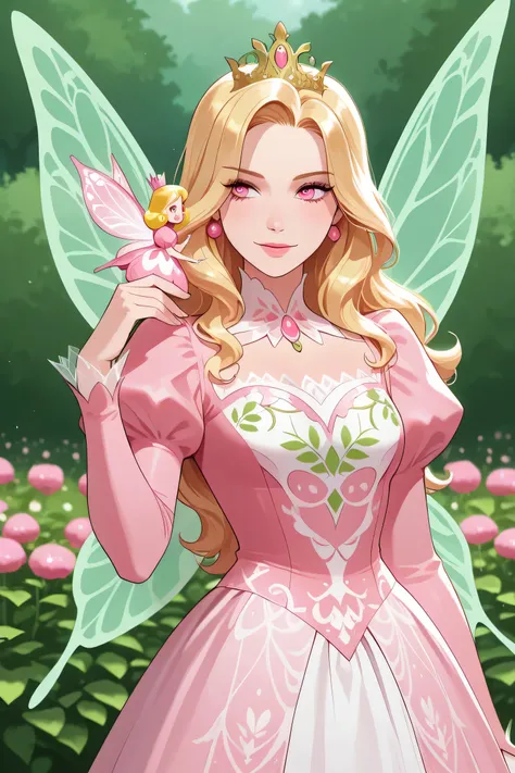 line-art, best quality, 1 woman, lady fairy, blonde hair, pink eyes, pink and white clothes, garden of rosed around