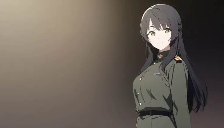 masterpiece, best quality, solo, 1girl, cute, mature, black hair, long hair, marigold eye, slim posture, medium breast, dark green japan military uniform, standing, looking at viewer, smiling, confident, obsessive gaze, black background only