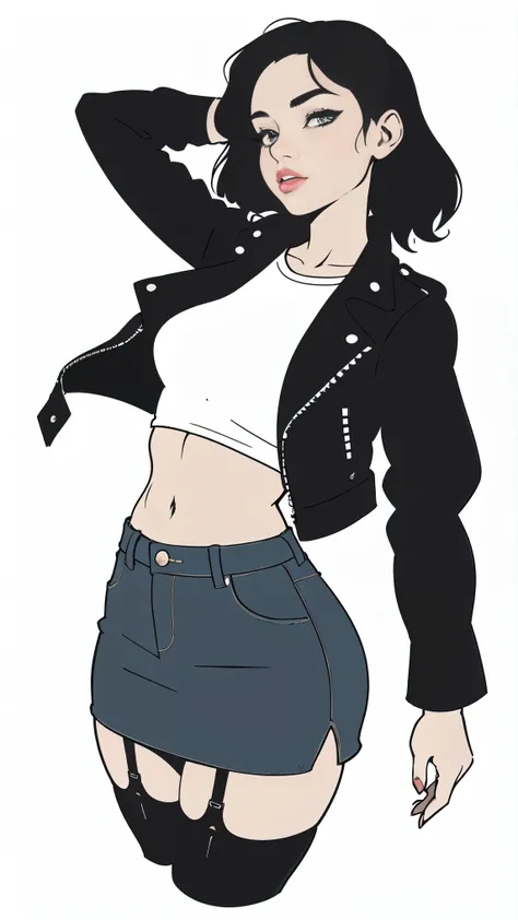 vulnerable prostitute girl, simple vector illustration , Exquisite lines, duration, denim skirt , black top, nylon stockings with garters , leather jacket , drowning in a small swamp , artistic composition , lips, white backg...