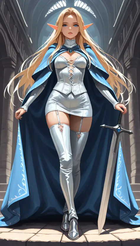 a 1940s pin up snapshot picture black and white (only colors are black and white and  blue) of a noble female elf, fantasy swashbuckler, fantasy fencer, armed with a slim sword, metallic shine, full body, epic beautiful female elf, blond hair, long hair, b...