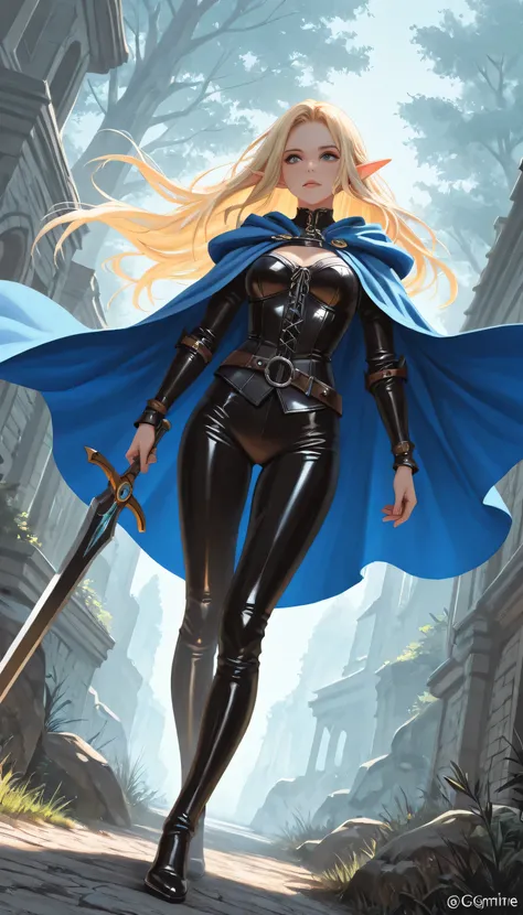a black and white 1940s snapshot picture of a female elf, fantasy swashbuckler, fantasy fencer, armed with a slim sword, metallic shine, colorful clothes, full body, epic beautiful female elf, blond hair, long hair, billowing hair, small pointed ears, wear...