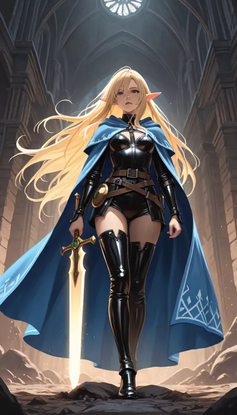 a black and white 1940s snapshot picture of a female elf, fantasy swashbuckler, fantasy fencer, armed with a slim sword, metallic shine, colorful clothes, full body, epic beautiful female elf, blond hair, long hair, billowing hair, small pointed ears, wear...