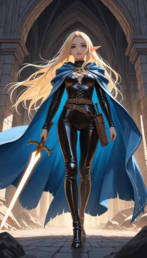 a black and white 1940s snapshot picture of a female elf, fantasy swashbuckler, fantasy fencer, armed with a slim sword, metallic shine, colorful clothes, full body, epic beautiful female elf, blond hair, long hair, billowing hair, small pointed ears, wear...
