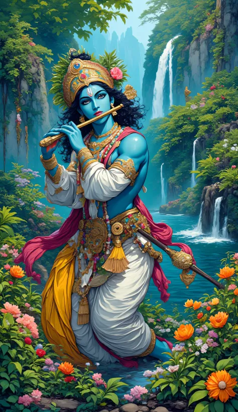 Create a KRISHNA poster of NATURE AND PLAYING FLUTE,high color contrast