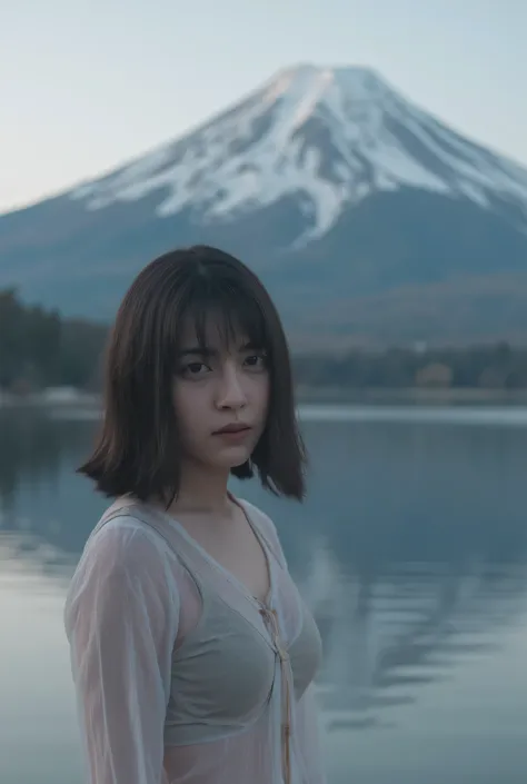 A girl in long sleeve thin shirt , fuji and lake background , dark theme , realistic