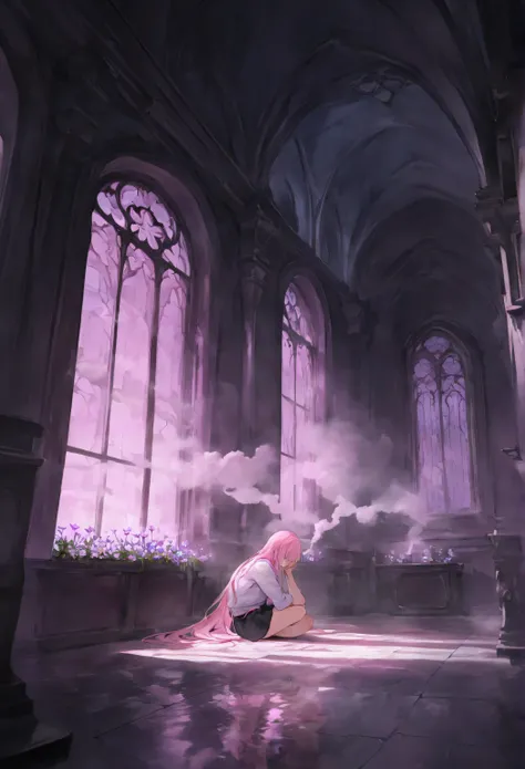 Kishidamel,best quality,(masterpiece,best quality),(good structure,Good composition,clear, original,beautiful),watercolor painting,smoke,contemplation,night,soft lighting,dim light,withered flower,(dark environment),Outside the window is a beautiful night ...