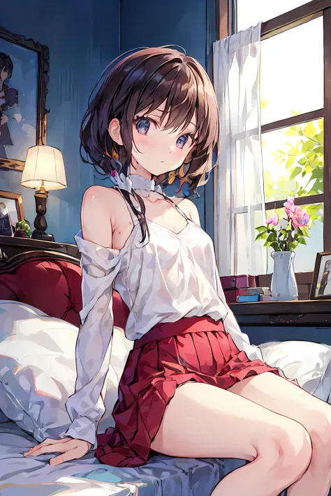 How a girl sits,description boundary, watch, Full Hand, 余分な手feetなし,arm2Books,feet2Books,Clear nose bridge,fine skin、 smooth、 perfect beauty 、small breasts、thin,((natural style)),brown hair、Books当に美しい、beautiful profile,perfect style that shows a bold chest,...