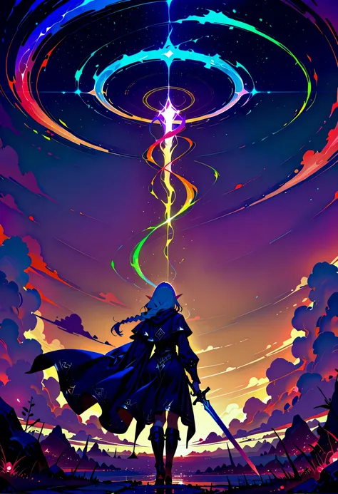 a picture of a female elf,  fantasy swashbuckler, fantasy fencer, armed with a slim sword, shinning sword, metallic shine, colorful clothes, dynamic clothing, an ultra wide shot, full body (intense details, Masterpiece, best quality)epic beautiful female e...