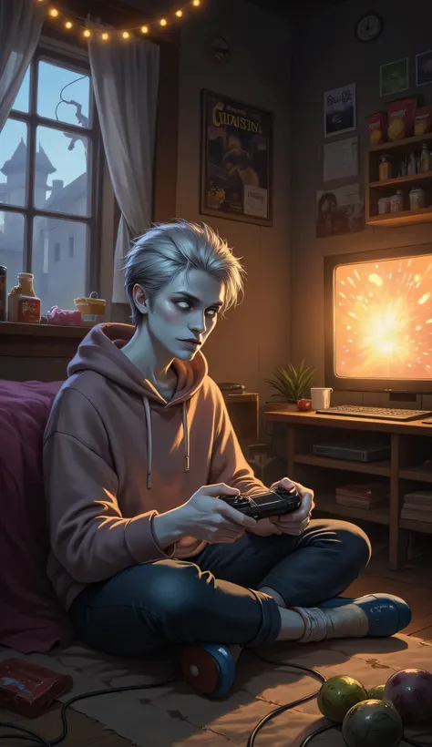 Сhangeling, 1teenage, 1teenage, solo, pale grey skin, sitting cross-legged, on the floor, cozy dimly lit bedroom, playing a video game console, one side of face is relaxed with short spiky hair and freckles, the other face side smooth and androgynous with ...