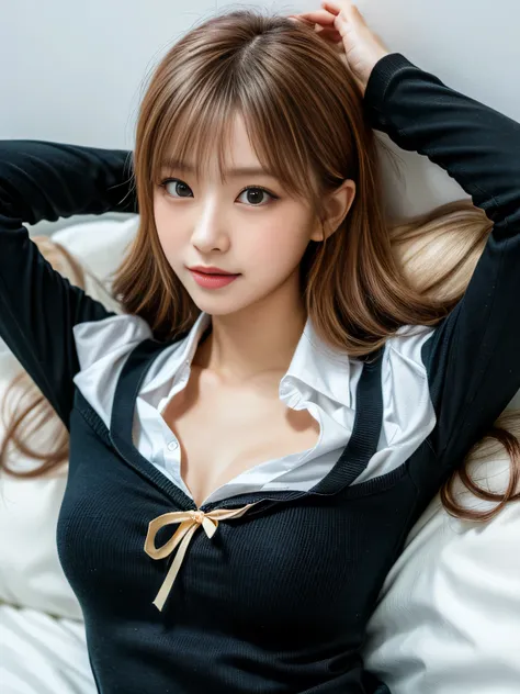 wearing a School Uniform with ribbon, lying on back, Half-smile, looking at viewer, from above, (elegant posture, soft and feminine pose), realistic skin texture,radiant skin, ethereal aura, subtle highlights, realistic lighting, highly detailed, high reso...