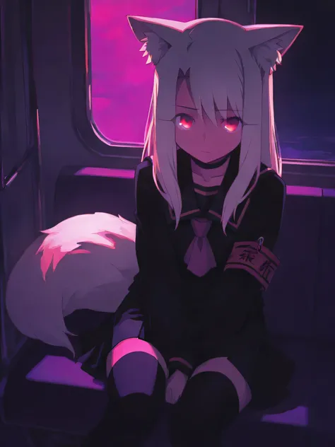 1girl, armband, black choker, black sailor collar, black serafuku, black shirt, black skirt, black thighhighs, white hair, choker, closed mouth, feet out of frame, long hair, long sleeves, looking at viewer, neckerchief, night, red eyes, pink neckerchief, ...