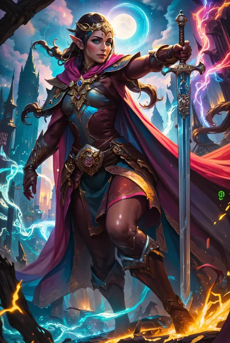 a picture of a female elf (intense details, Masterpiece, best quality) fantasy swashbuckler, fantasy fencer, armed with a slim sword, shinning sword, metallic shine, colorful clothes, dynamic clothing, an ultra wide shot, full body (intense details, Master...