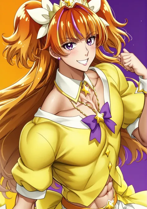 score 9 、score 8 up、score 7 up、source anime、傑作、最高品質、高解像度、anime coloring、1boy、cure twinkle、(male:1.6)、man is wearing a yellow mini dress、orange brown haired boy、official art、solo、long hair、orange hair、low tied long hair、multicolored hair、brown hair、two tone...