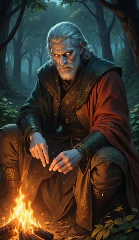 Сhangeling, 1male, solo, pale grey skin, storyteller, sitting, by a glowing campfire, enchanted forest, twilight, eyes changing color, young and old, layered robes stitched together from different cultures and times, glowing faintly with magic, animated il...
