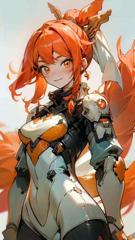 one girl、solo、orange eyes、 redhead、ponytail、armor、bodysuit、Upper Body Closeup、smile