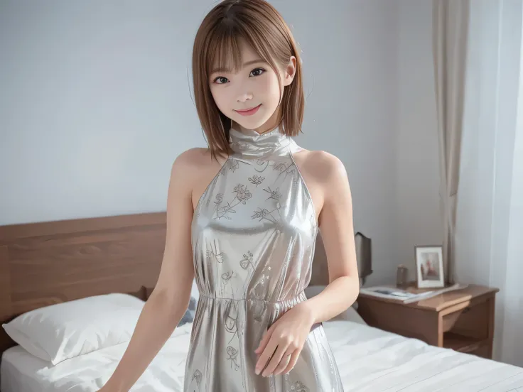 (( 1 European woman )), (tween model, , young)),( brown short short hair), Beautiful Like a Fairy, 魅惑的な緊張したsmile, symbol body, exposed chest, naked, Soft light, lies in the bed, full body image, masterpiece, 最High Quality, photorealistic, 8k, high definit...
