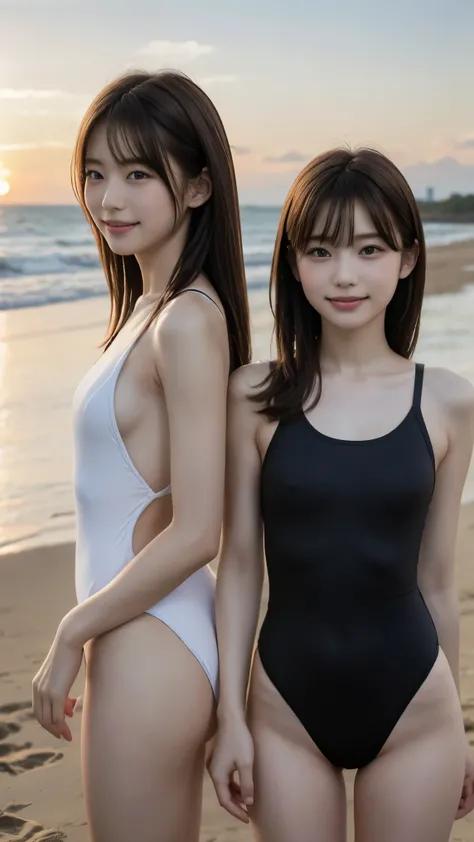 Two anime-style junior high school girls standing back to back on a sunset beach. One girl has long, flowing silver hair and blue eyes, wearing a light shoolswimsuit. The other girl has shoulder-length blonde hair and hazel eyes, sporty swimsuit. The sun...