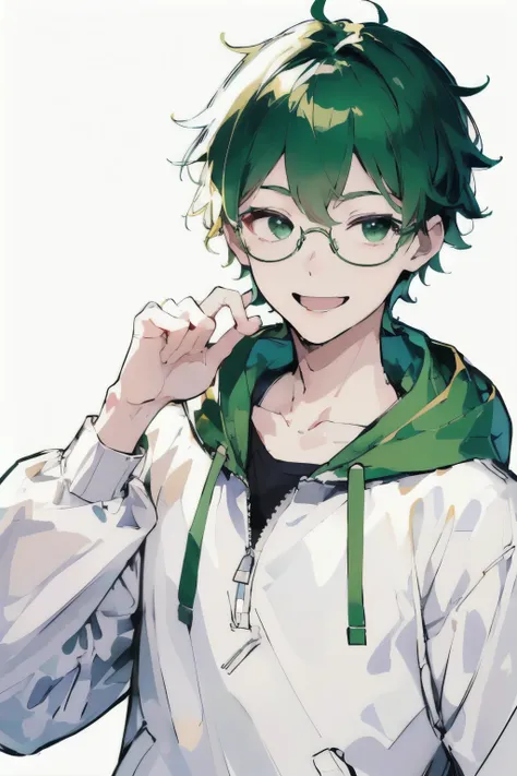 (( Highest Quality)), (( masterpiece)), ( details), wallpaper、Very details 、(((Very details な目と顔)))、 white background、glasses、smile、 masterpiece、 Highest Quality、green hair、Short-haired young male with straight hair、smile、8k、short haired man with straight ...