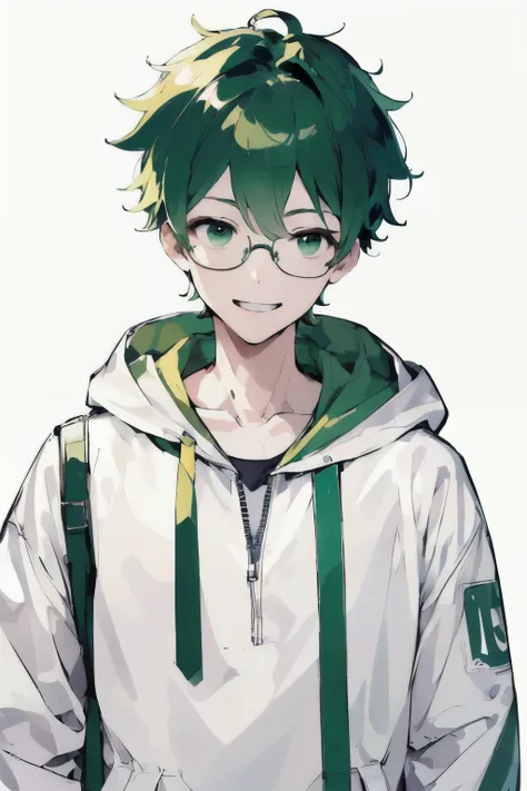 (( Highest Quality)), (( masterpiece)), ( details), wallpaper、Very details 、(((Very details な目と顔)))、 white background、glasses、smile、 masterpiece、 Highest Quality、green hair、Short-haired young male with straight hair、smile、8k、short haired man with straight ...