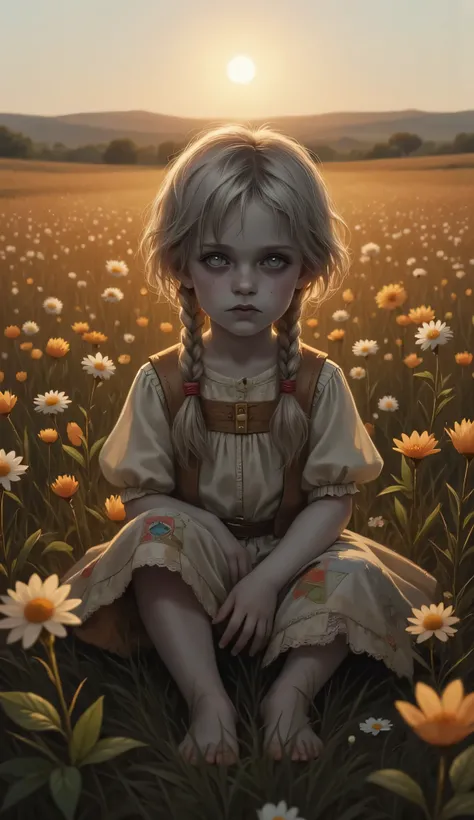 Сhangeling, 1kid, 1baby, 1child, solo, pale grey skin, sitting alone, field of glowing flowers, twilight, barefoot and curious, softly shifting, one moment look like a boy with tousled hair and freckles, the next like a girl with long braids and bright eye...