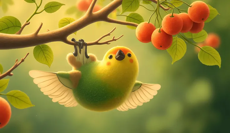 whimsical art style, The composition should feature a lively scene where a bird with striking green and yellow plumage is hanging upside down from a branch, surrounded by small, bright red fruits.  The background should be softly blurred, allowing the vivi...
