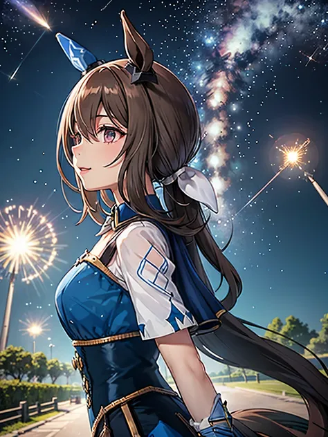 Meteor Shower,starry sky,starry skyを見上げる,profile,High Quality、Super Detail、 I'm very careful about every detail、 Perfect Anatomy、 perfect human structure、seven-neck body 、Attractive Eyes、Attractive Lips、Ruby Lip、 RAW Photo、Admire Vega,Uma Musume, longing f...