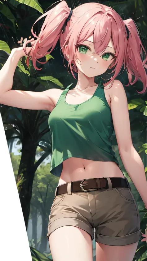 Nadia Cassel(ms)，pink hair,twintails,long hair,sidelocks,hair between eyes,parted bangs,green eyes,tank top,green shirt，green bikini，medium breasts,,navel,belt,brown shorts，特写镜头，cute face，bare shoulders，动漫女孩的详细肖像，close-up, multiple views，forest，rain