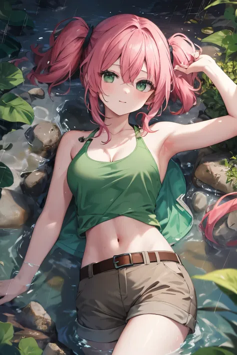 Nadia Cassel(ms)，pink hair,twintails,long hair,sidelocks,hair between eyes,parted bangs,green eyes,tank top,green shirt，green bikini bra，medium breasts,,navel,belt,brown shorts，特写镜头，cute face，bare shoulders，动漫女孩的详细肖像，close-up, forest，rain，cleavage，lying on...