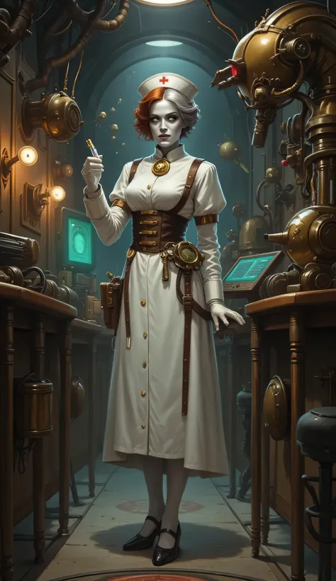 Сhangeling, 1female, solo, pale grey skin, steampunk nurse, standing, brass-and-copper medical ward filled with ticking devices and glowing gauges, half face shows a calm, nurturing woman with soft eyes and auburn curls, other half is sharper, more enigmat...