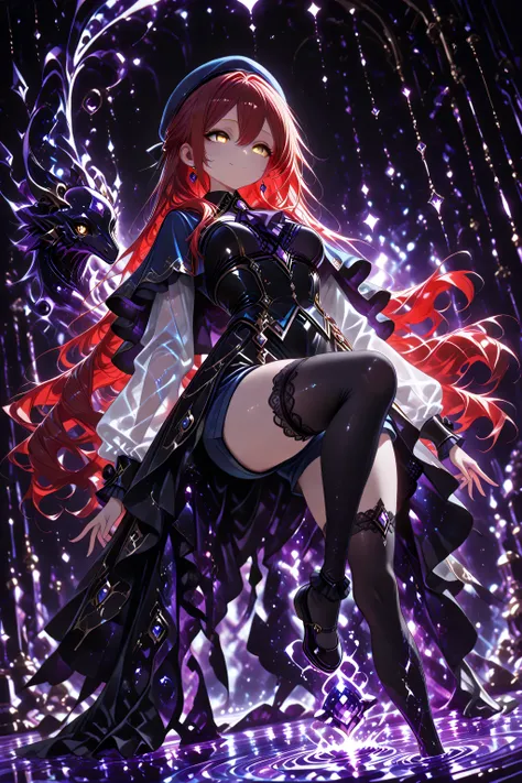 absurd_res, 8K, (masterpiece: 1.2), (best quality: 1.2), (detailed eyes, beautiful eyes:1.2), cinematic angle, cinematic shadows
1 girl , golden eyes , very long hair , long sidelocks, red hair ,half updo, petite , very cute , beautiful ,Straight hair, c...