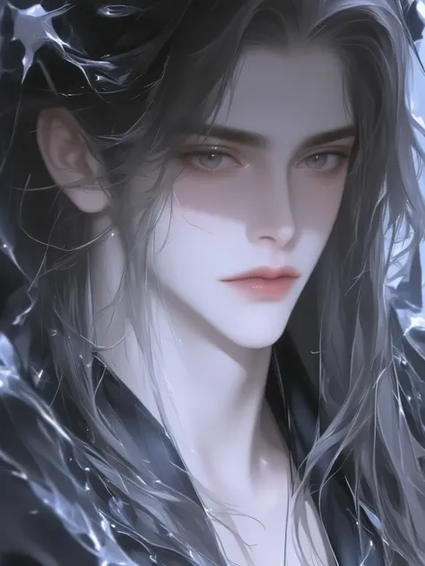 a handsome man with long hair antique black hair,a handsome man with long hair, an ancient brunette in a fairy-looking white Hanfu, traditional Chinese clothing , Double eyelids,Japanese Manga Style,The throat is obvious