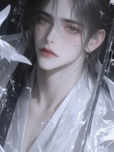 a handsome man with long hair antique black hair,a handsome man with long hair, an ancient brunette in a fairy-looking white Hanfu, traditional Chinese clothing , Double eyelids,Japanese Manga Style,The throat is obvious