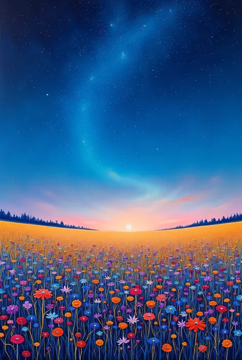 long shot、A night sky full of stars above a prairie blooming with flowers、design an abstract oil painting depicting a sea of blue wild flowers, Purple, red and orange、Three-dimensional oil painting、