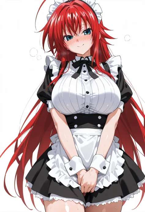 (masterpiece), Anime Style,solo,alone,only 1 girl,Rias Gremory standing,     wearing a classic French maid outfit with black and white frills, large bust and slim waist, standing with hands together in front of her, confident and slightly mischievous smile...