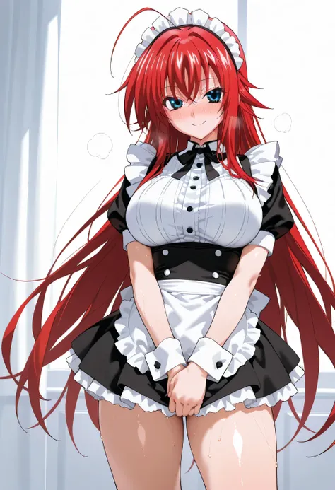 (masterpiece), Anime Style,solo,alone,only 1 girl,Rias Gremory standing,     wearing a classic French maid outfit with black and white frills, large bust and slim waist, standing with hands together in front of her, confident and slightly mischievous smile...